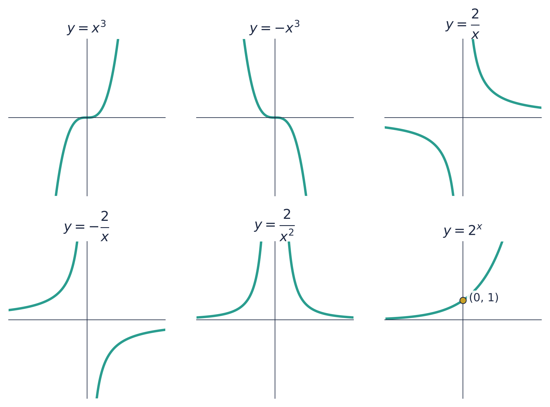 Six curves: y = x³ rises left to right through the origin; y = −x³ falls; y = 2/x has two branches in the first and third quadrants; y = −2/x in the second and fourth; y = 2/x² has two branches above the x-axis; y = 2ˣ rises, crosses the y-axis at (0, 1) and stays above the x-axis.